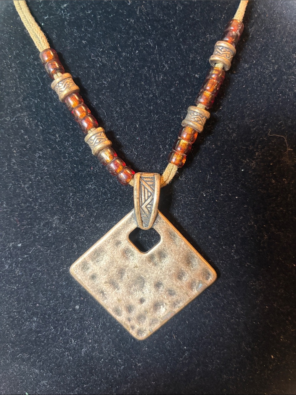 Vintage Brown and Gold Hammered Square Pendant Necklace